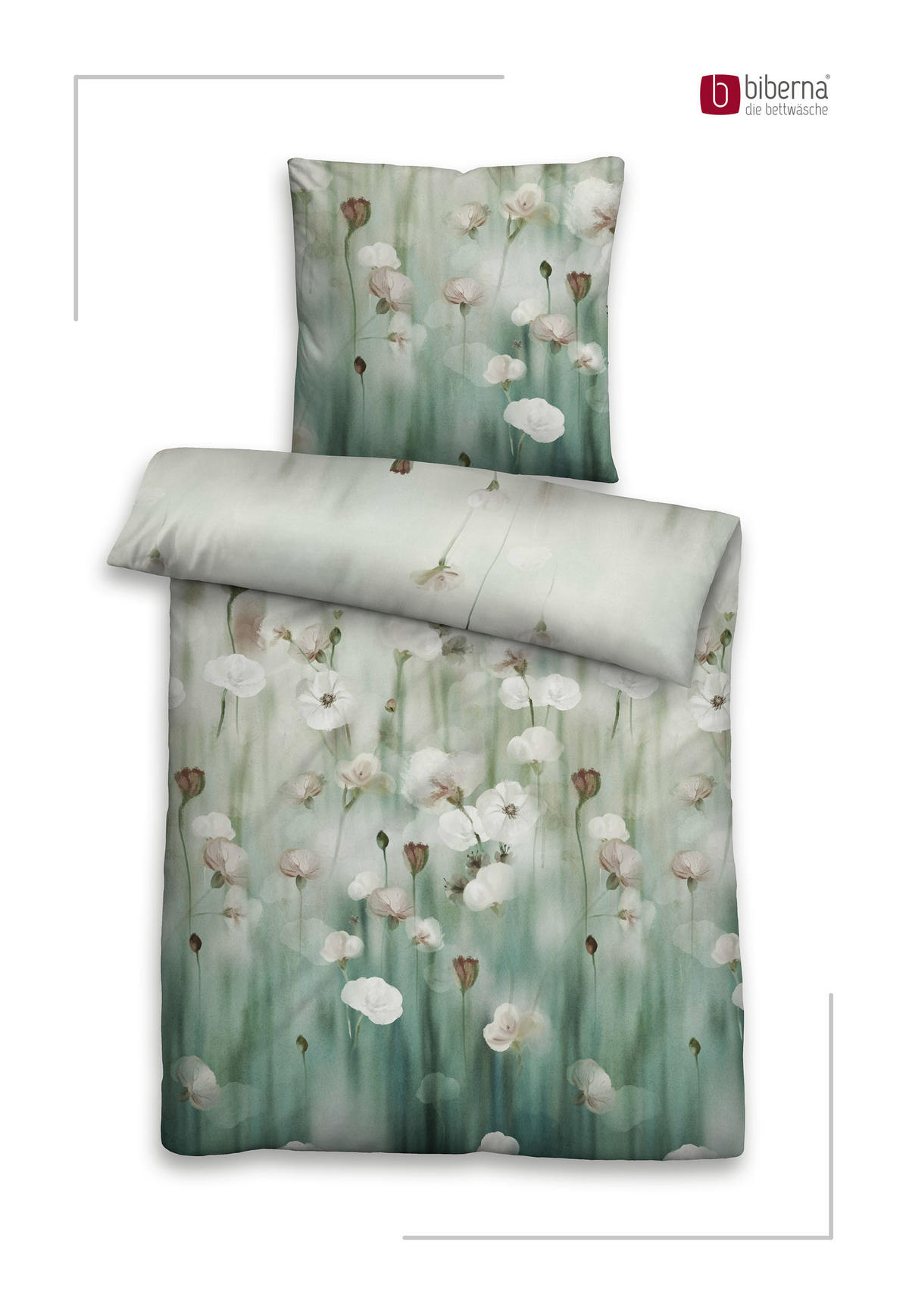 BETTWÄSCHE-GARNITUR Premium Biber Aquarellblumen salbei, 135x200 cm + 80x80 cm - Salbeigrün, Textil (135/200cm) - biberna