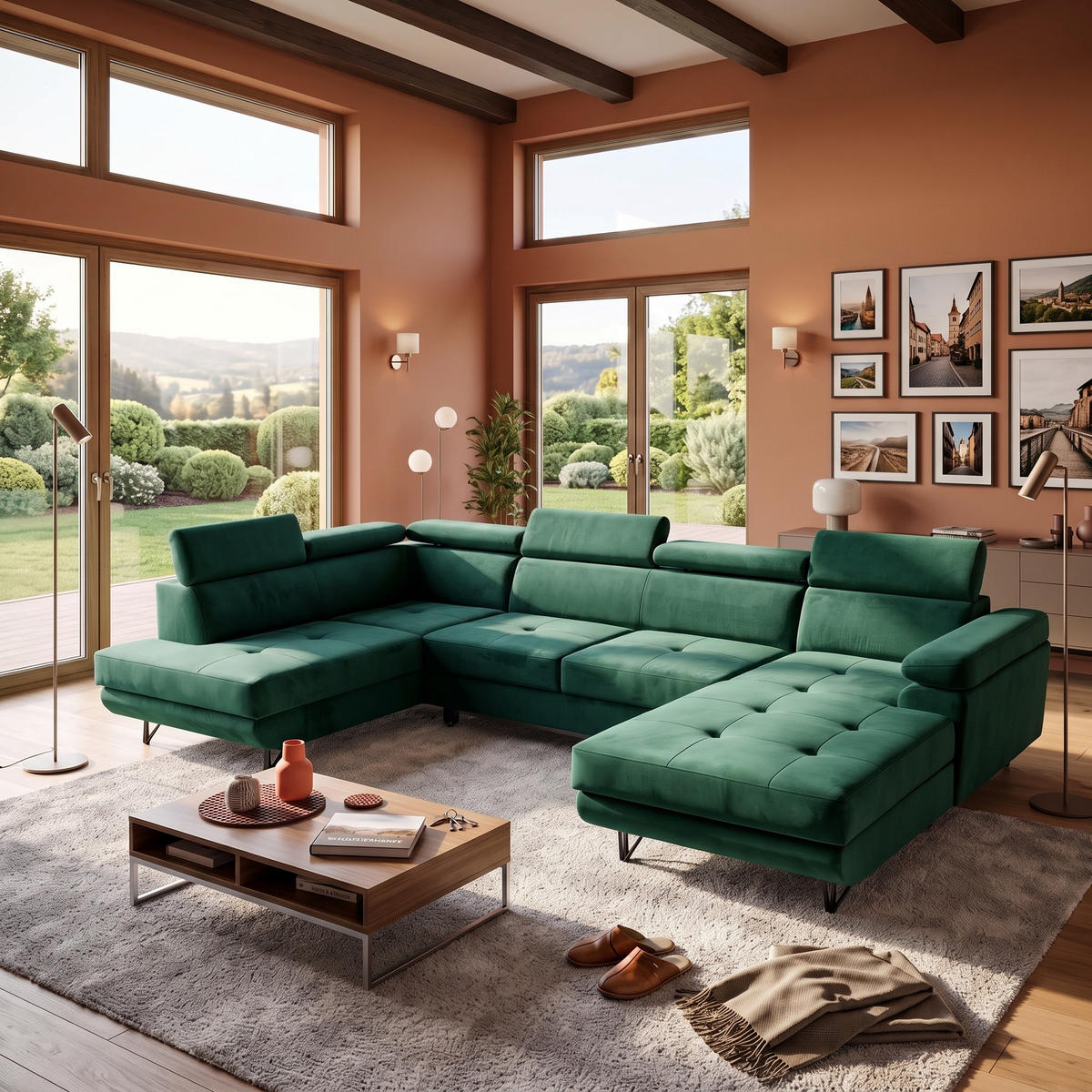 ECKSOFA U-Form JUNIOR U Links mit Schlaffunktion 128x254 Velours Dunkelgrün - Dunkelgrün/Schwarz, Holz/Textil (323/90/184cm) - Muffo