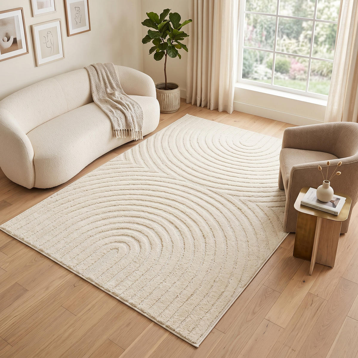 KURZFLORTEPPICH LINEA creme Bogenmuster 3D-Struktur 200/300 cm - Creme, Textil (200/300cm) - Tapiso