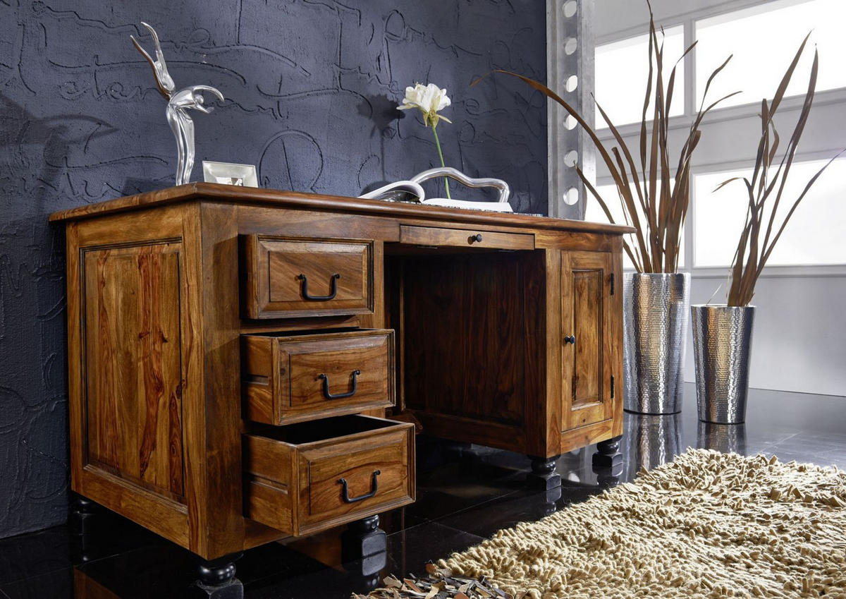 SCHREIBTISCH Sheesham 150x70x75 braun lackiert NEW BOSTON #205 - Braun, Holz (70/150/75cm) - Massivmoebel24