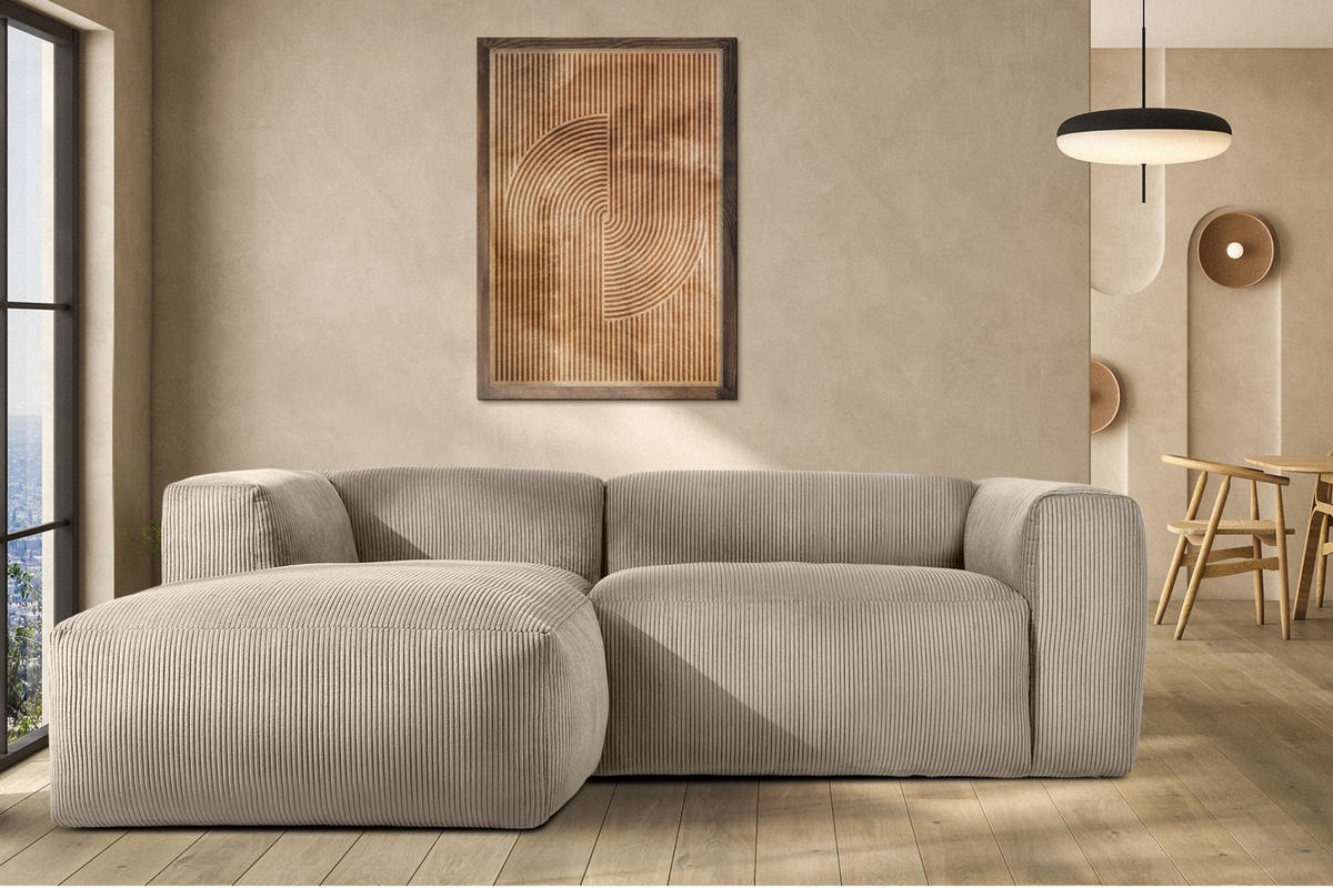 ECKMODULSOFA-LINKS BUFFO 3/4 Sitzer mit extrem weicher Sitzfläche, Kordstoff, beige - Beige, Textil (237/180cm) - KONSIMO®