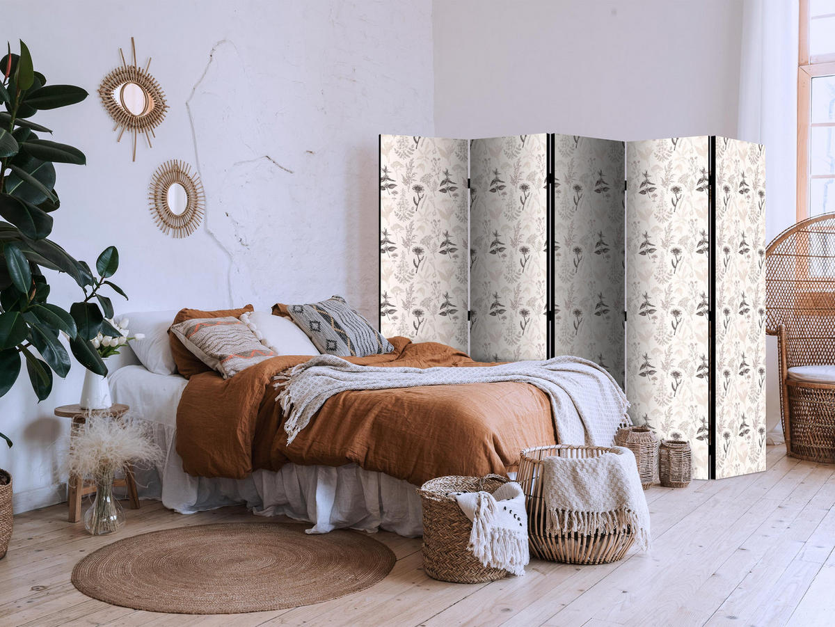 PARAVÁN Jednostranný 5-dielny 225x172 cm Kvety a Bylinky - béžová, drevo/textil (225/172/3cm) - Muralo