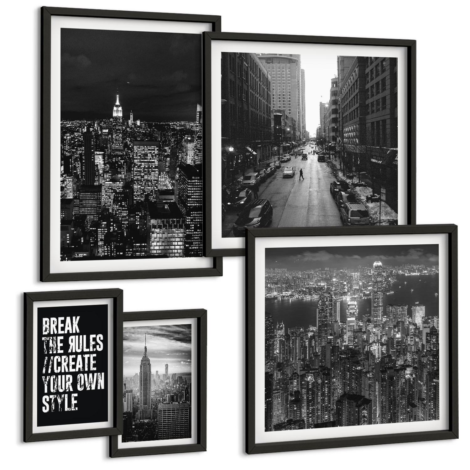 BILDER SET 5er Set - 50x50 cm & 20x30 cm & 40x60 cm Schwarzer Rahmen - Inspiration für Schwarz-Weiß-Darstellungen von Stadtstraßen - Schwarz, Kunststoff (40/60cm) - TULUP