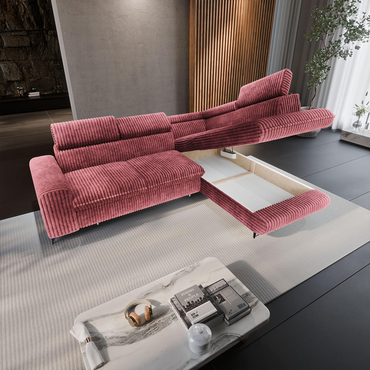 ECKSOFA VELISS Rosa Kordstoff mit Schlaffunktion - Rosa, Holz (255/193cm) - MASSENO
