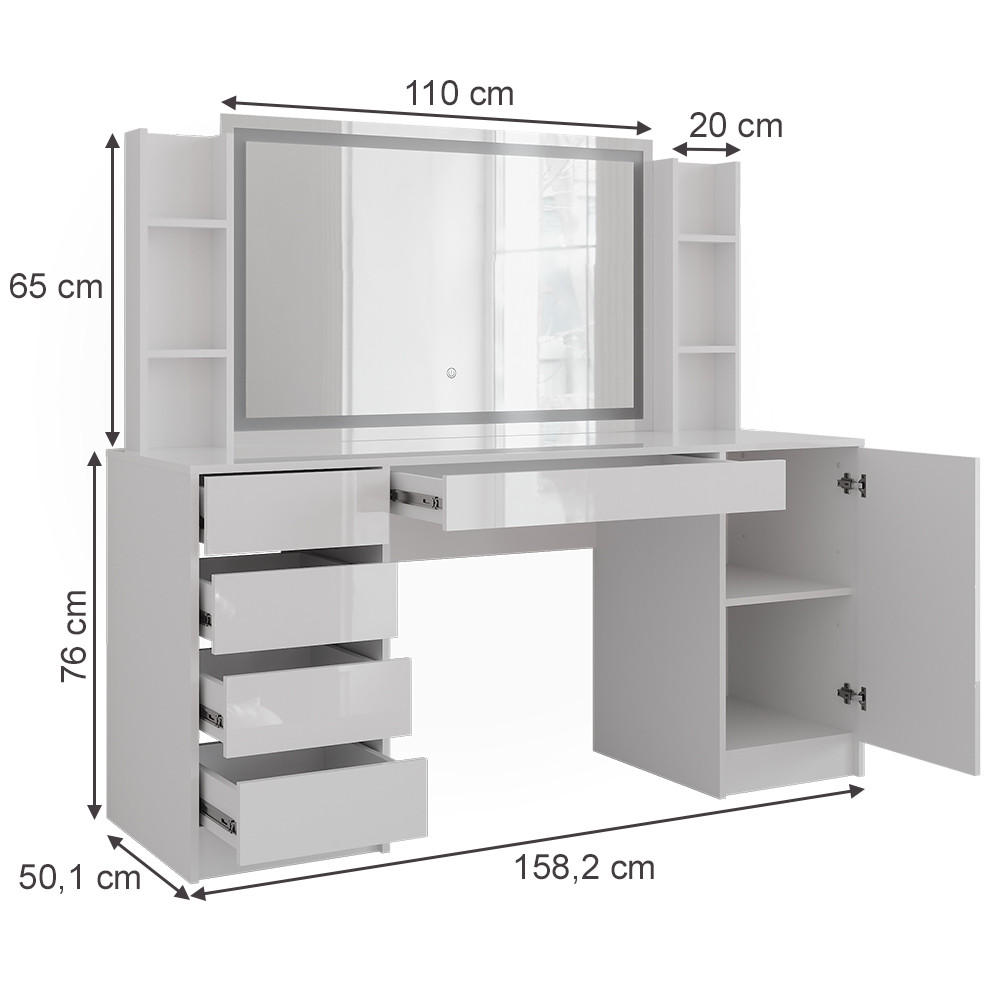 SCHMINKTISCH Sherry Weiß/Weiß Hochglanz 158.2 cm 4 Teile - Weiß Hochglanz, Holzwerkstoff (158.2/76/50.1cm) - Vicco