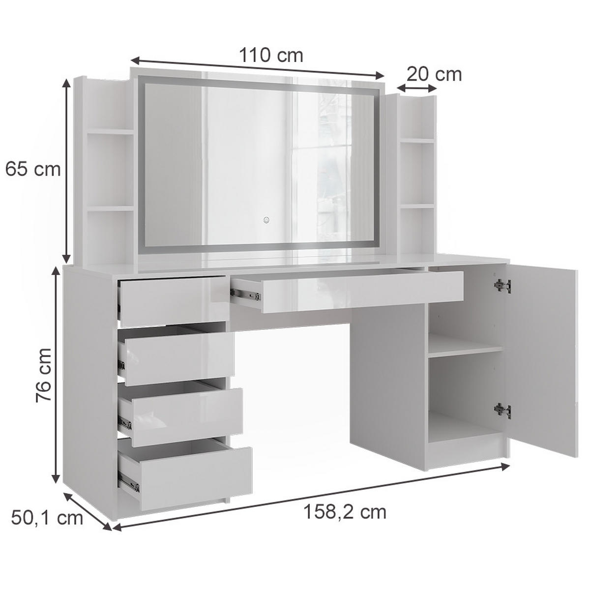 SCHMINKTISCH Sherry Weiß/Weiß Hochglanz 158.2 cm 4 Teile - Weiß Hochglanz, Holzwerkstoff (158.2/76/50.1cm) - Vicco