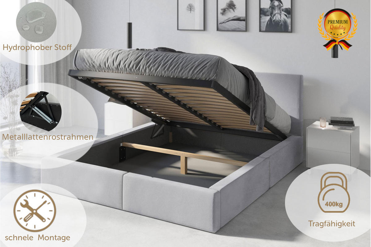 POLSTERBETT Hilton 120x200cm Hellgrau mit Stauraum - Hellgrau, Textil/Metall (120/200cm) - Interbeds