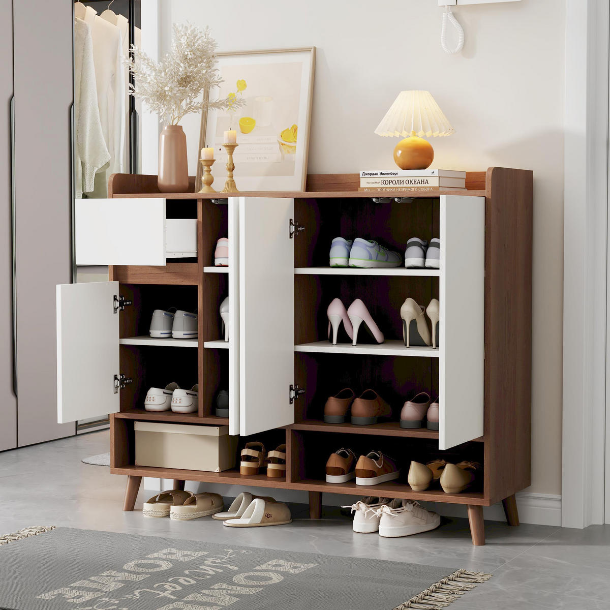 SIDEBOARD in Schwarz Schuhschrank mit 4 Türen und 1 Schubladen für Esszimmer, Wohnzimmer oder Küche, B120/T35/H99cm - Weiß/Naturfarben, Holzwerkstoff/Metall (120/99/35cm) - STILVORA