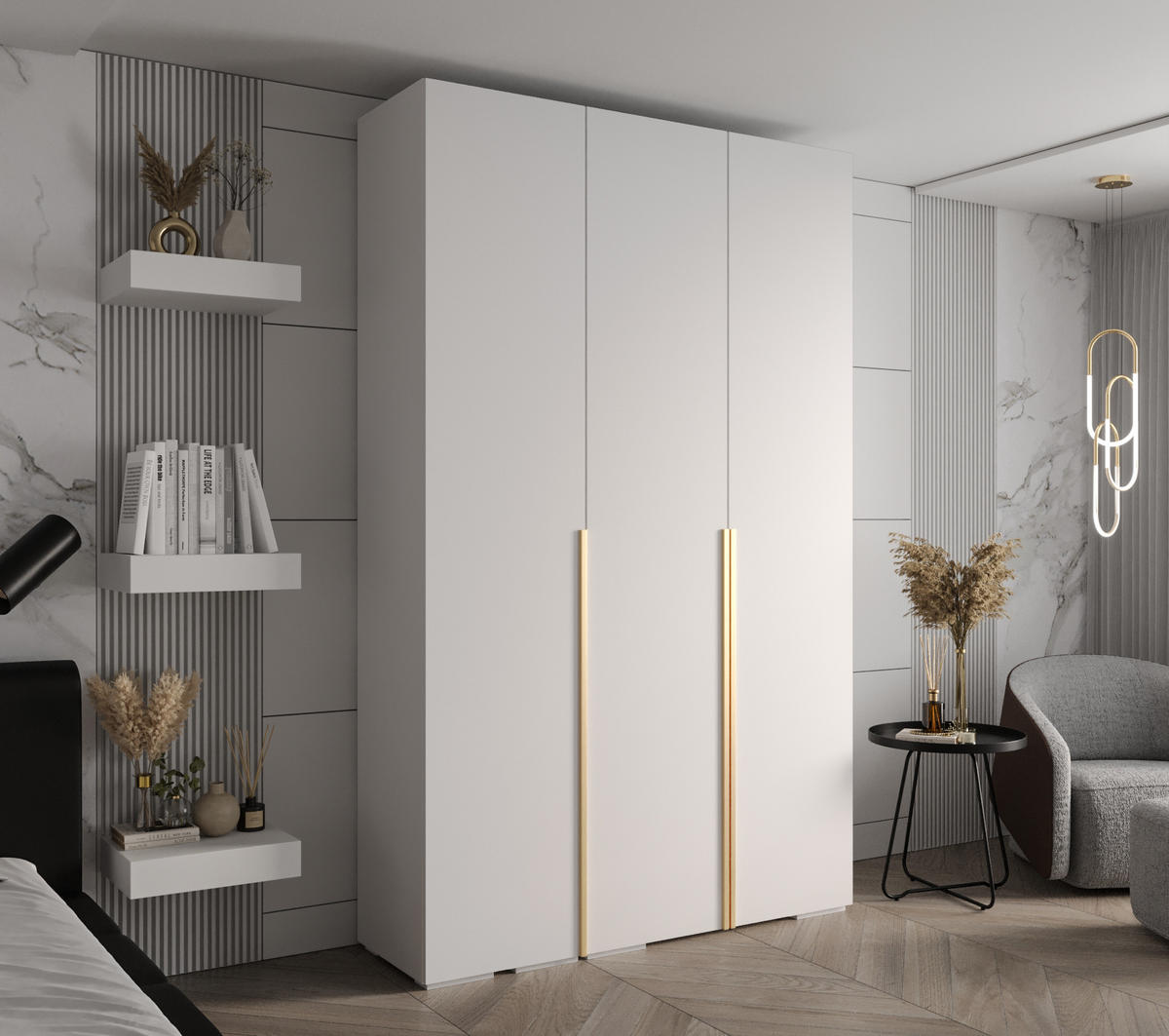 DREHTÜRENSCHRANK 236.7/150/47 3-türig - Goldfarben/Weiß, Holz/Metall (150/236.7/47cm) - MÖBEL KRYSPOL