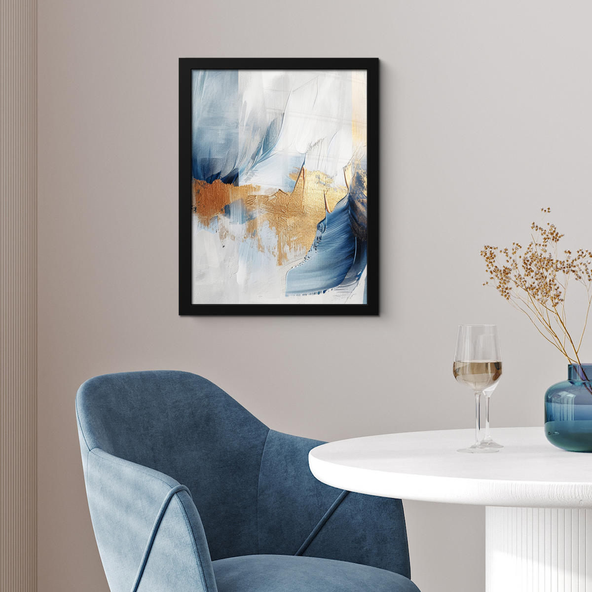 GERAHMTES BILD Gold - Blau - Aquarell - Kunst - Modern 30x40 cm - Hellblau, Papier (30/40cm) - MuchoWow