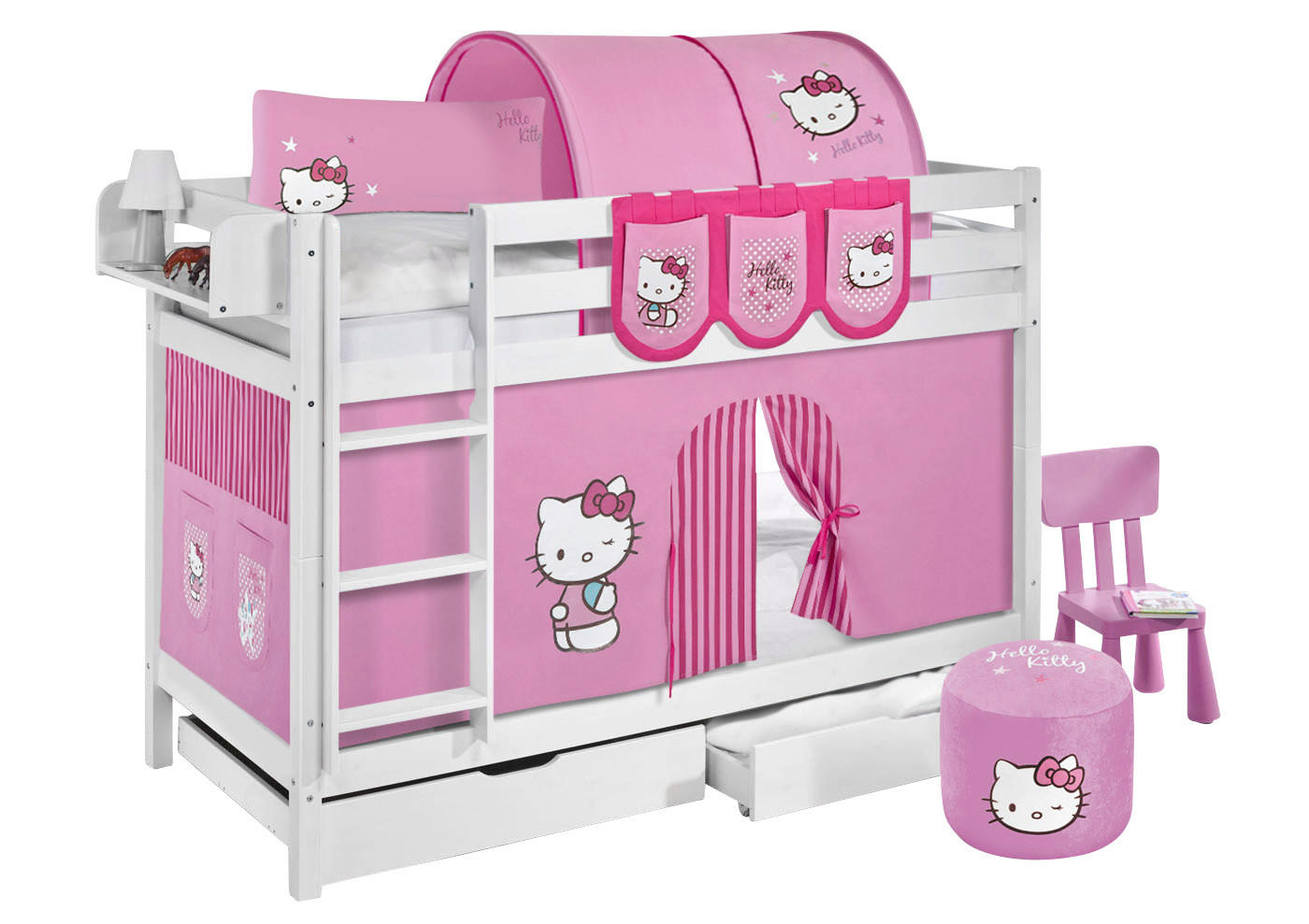 ETAGENBETT JELLE 90x190 cm Hello Kitty rosa - Hochbett - inkl. Vorhang und 2 Lattenrosten - Weiß, Holz - Lilokids