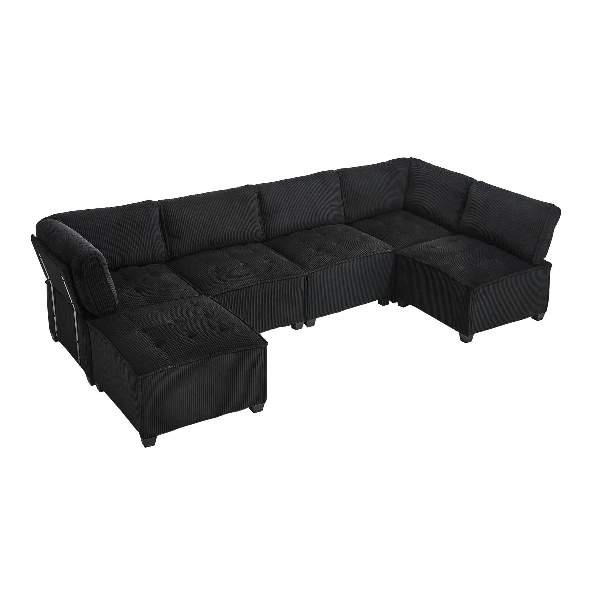 WOHNLANDSCHAFT 6-SITZER Cord Schwarz mit Seitentaschen - Schwarz, Holzwerkstoff/Kunststoff (308/82/154cm) - WISHDOR