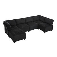 WOHNLANDSCHAFT 6-SITZER Cord Schwarz mit Seitentaschen - Schwarz, Holzwerkstoff/Kunststoff (308/82/154cm) - WISHDOR