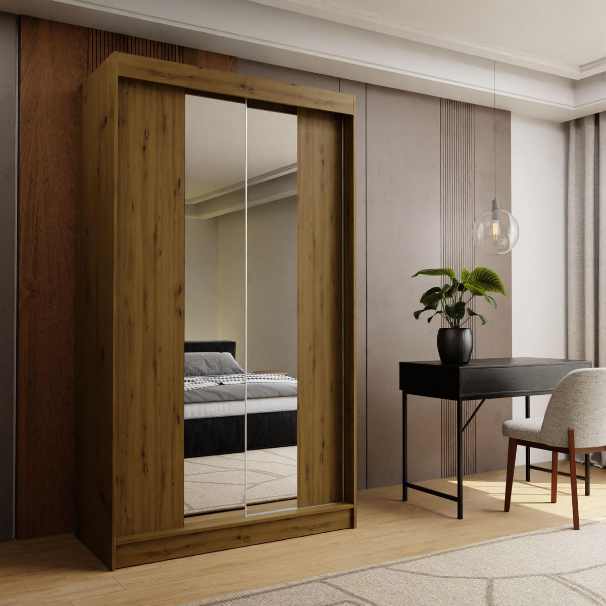 SCHWEBETÜRENSCHRANK LUCENZA 120/216/61 cm 2-türig mit Spiegel Eiche Artisan - Eiche Artisan, Holzwerkstoff (120/216/61cm) - MASSENO