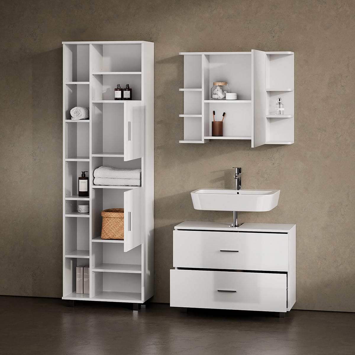 BADMÖBEL-SET Eisak Weiß Hochglanz 2 Teile, Unterschrank 80 cm - Weiß Hochglanz, Holzwerkstoff (80/60/33cm) - Livinity®