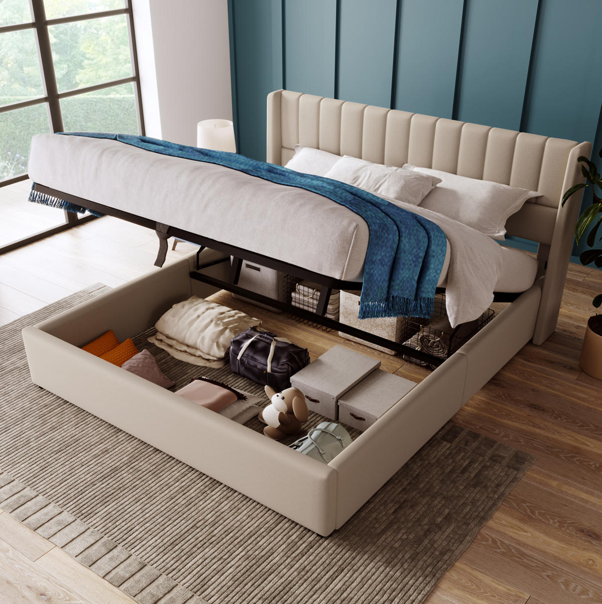 POLSTERBETT 140/200 cm mit hydraulischem Bettkasten, Federkernmatratze und gepolstertem Kopfteil, Beige - Beige, Textil (140/140cm) - Redom