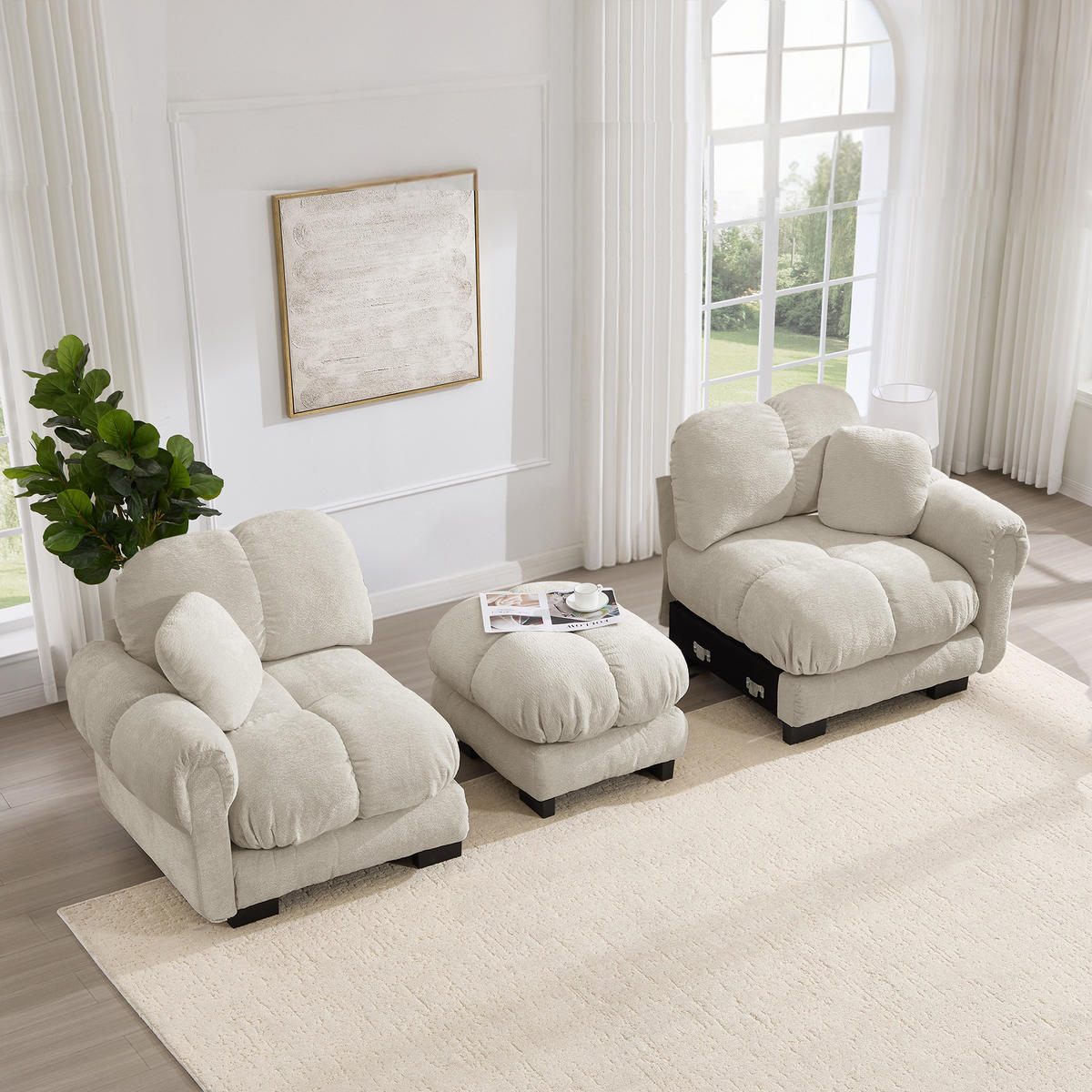ECKSOFA DE-34384 L-Form mit Steppdesign und Ottoman Hellkhaki - Sandfarben, Textil (149/190cm) - ComfortXL