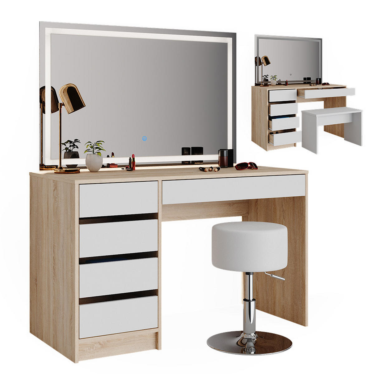 SCHMINKTISCH Sherry Weiß/Sonoma 120 cm mit LED-Spiegel und Hocker - Weiß/Sonoma Eiche, Holzwerkstoff (120/75/55cm) - Vicco