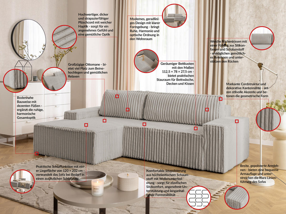 ECKSOFA Rivio mit Schlaffunktion und Bettkasten, Plüschcord Hellgrau - Hellgrau/Schwarz, Holz/Kunststoff (149/262cm) - S-Style