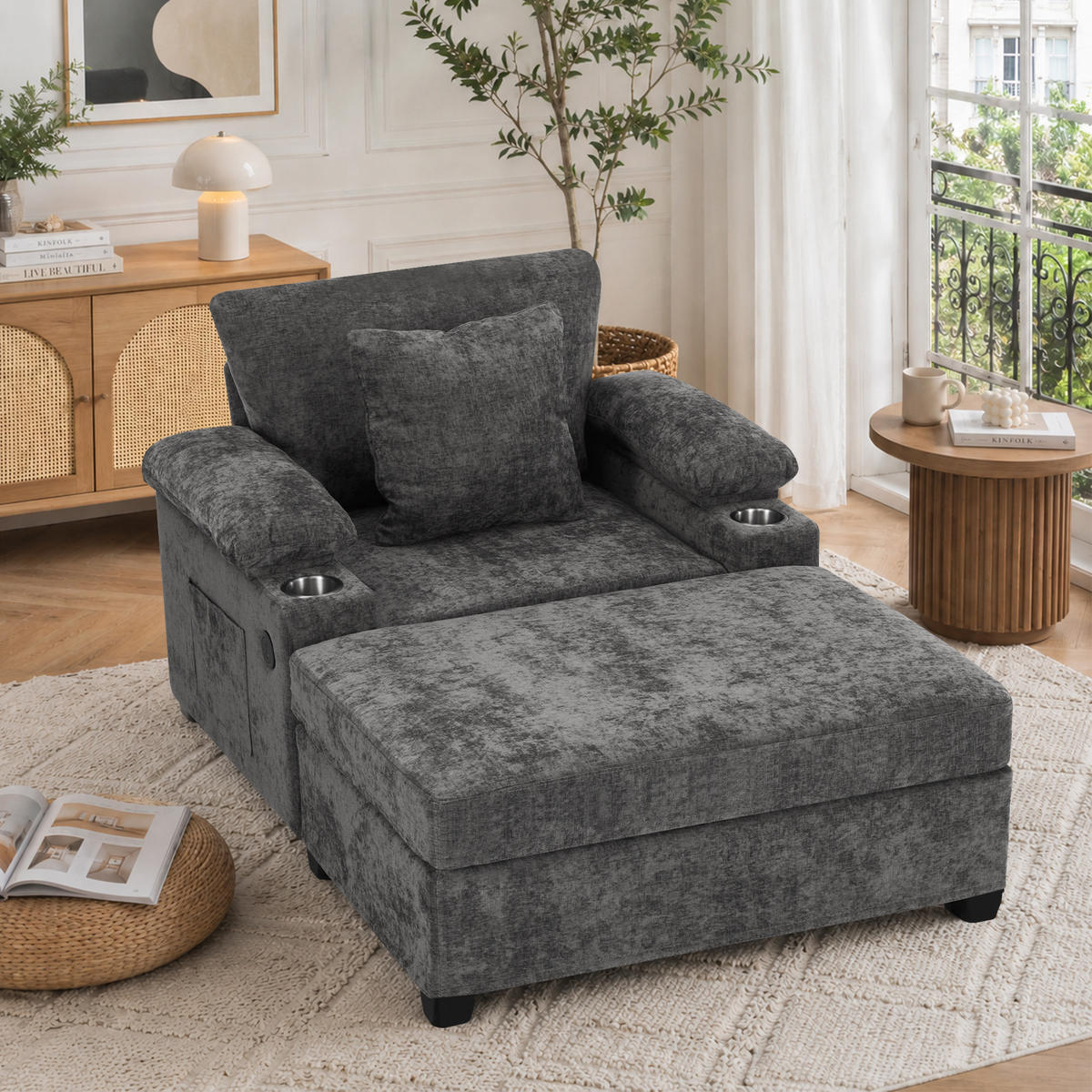 SESSEL DE-35287 mit USB und Getränkehalter Dunkelgrau - Dunkelgrau, Textil (98/83/148cm) - ComfortXL