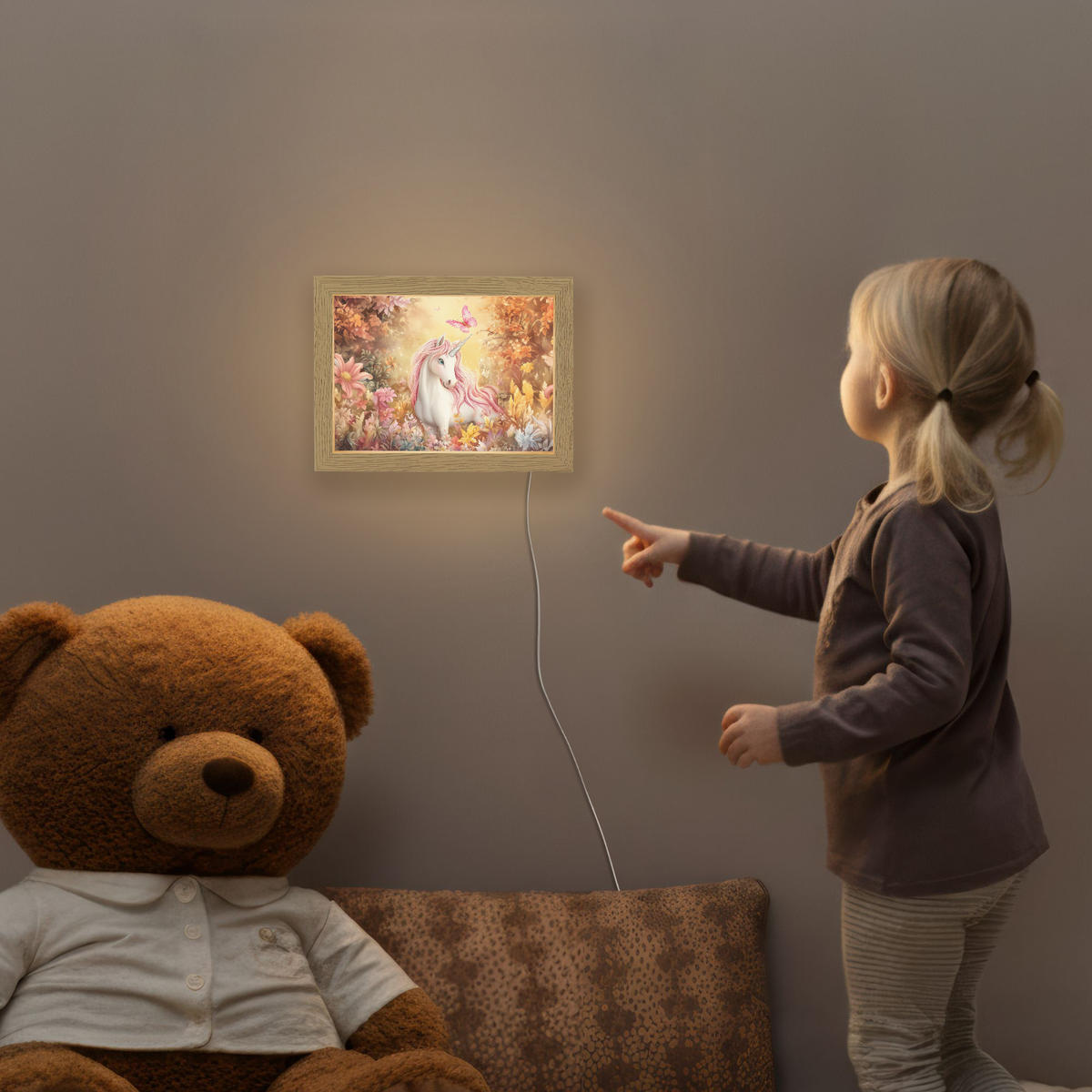 NACHTTISCHLAMPE Einhorn - Blumen - Schmetterling - Rosa 20x15 cm - Beige, Holzwerkstoff (8/20/15cm)