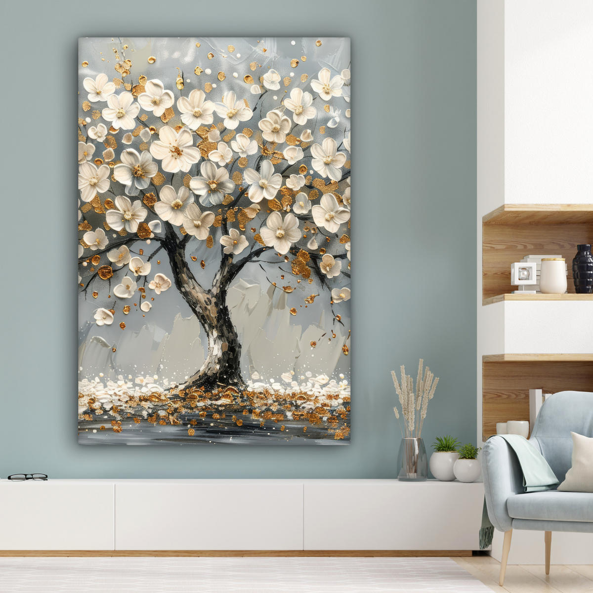 LEINWANDBILD Baum - Blumen - Weiß - Natur - Kunst Deko Groß 90x140 cm - Weiß, Textil (90/140cm) - MuchoWow