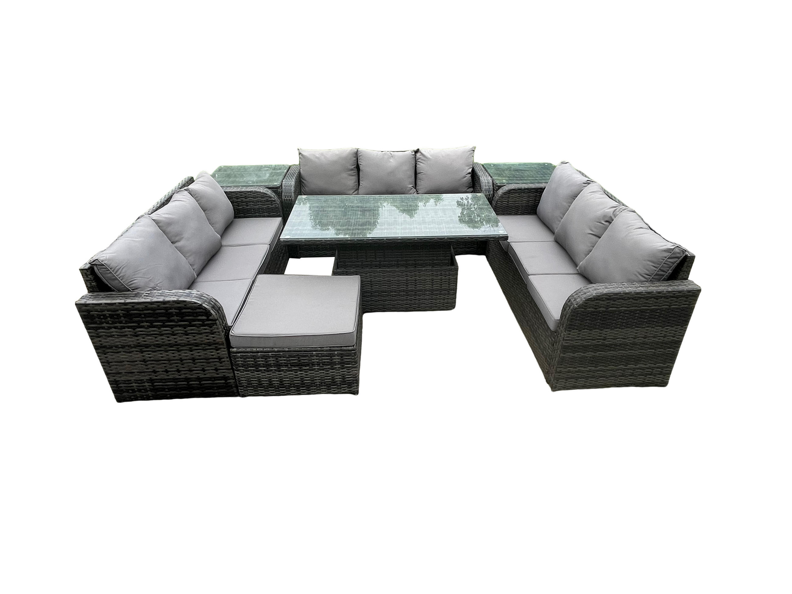GARTENSOFA SET Polyrattan 10-Sitzer - Dunkelgrau/Grau, Glas/Kunststoff - Fimous