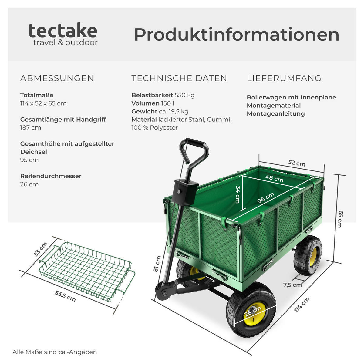 BOLLERWAGEN , Belastbarkeit 550 kg, grün - Grün, Metall (51.5/65/114cm) - tectake