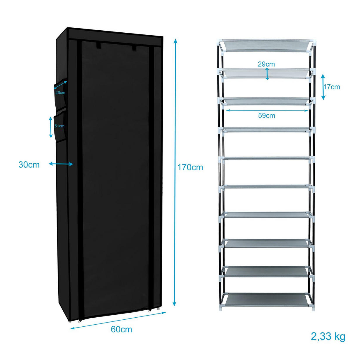 SCHUHSCHRANK Faltbar (Schwarz) - Schwarz, Textil (28/170/58cm) - Intirilife