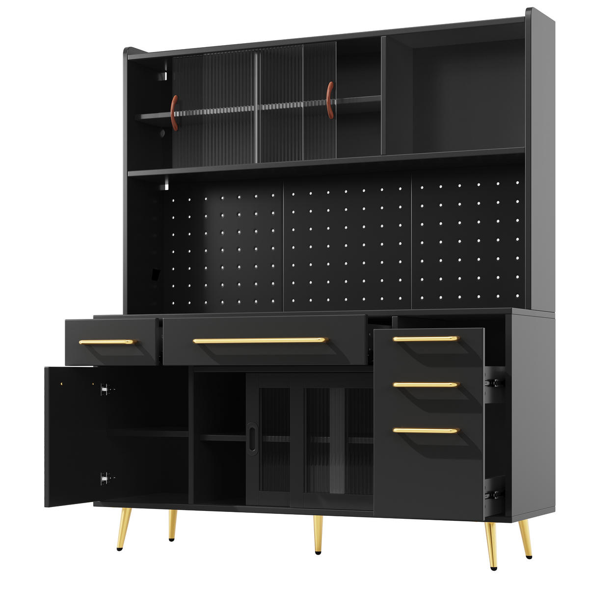 KÜCHENSCHRANK LED Lochwand Glastür Schublade Schwarz - Schwarz, Glas (145/171/39cm) - FLIEKS