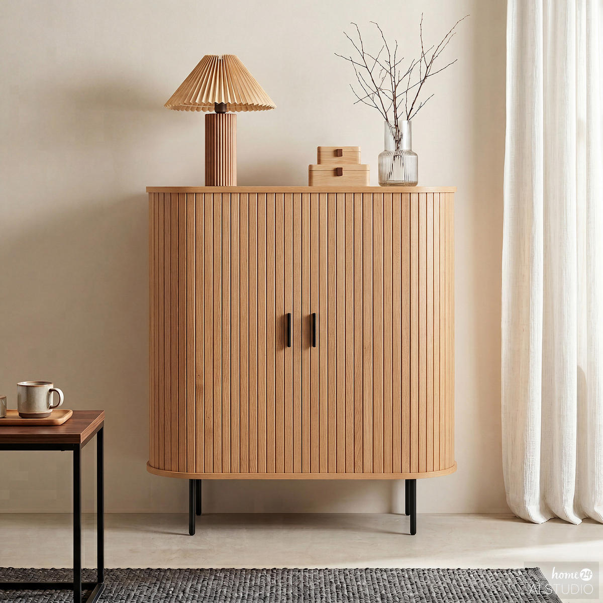 HIGHBOARD - Echtholzfurnier - Eichefarben/Schwarz, Holzwerkstoff/Metall (100/118/40cm) - home24