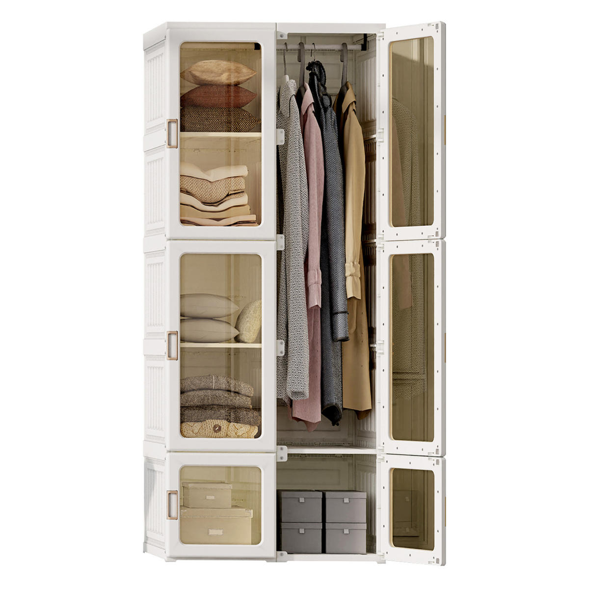 KLEIDERSCHRANK, mit 6 transparent Tür, magnetverschluss, 1 Kleiderstange und 10 Anzahl Fächer - Weiß, Metall (50/170/69cm)