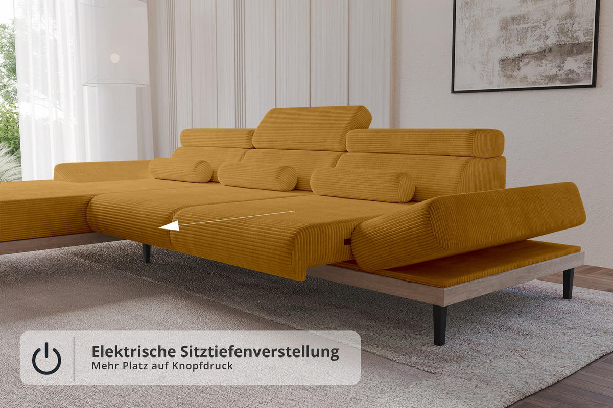 ELEKTRISCHES ECKSOFA Links MONA 316x205x85 Senfgelb Cord - Dunkelgelb, Holzwerkstoff/Textil (316/205cm) - ALTDECOR