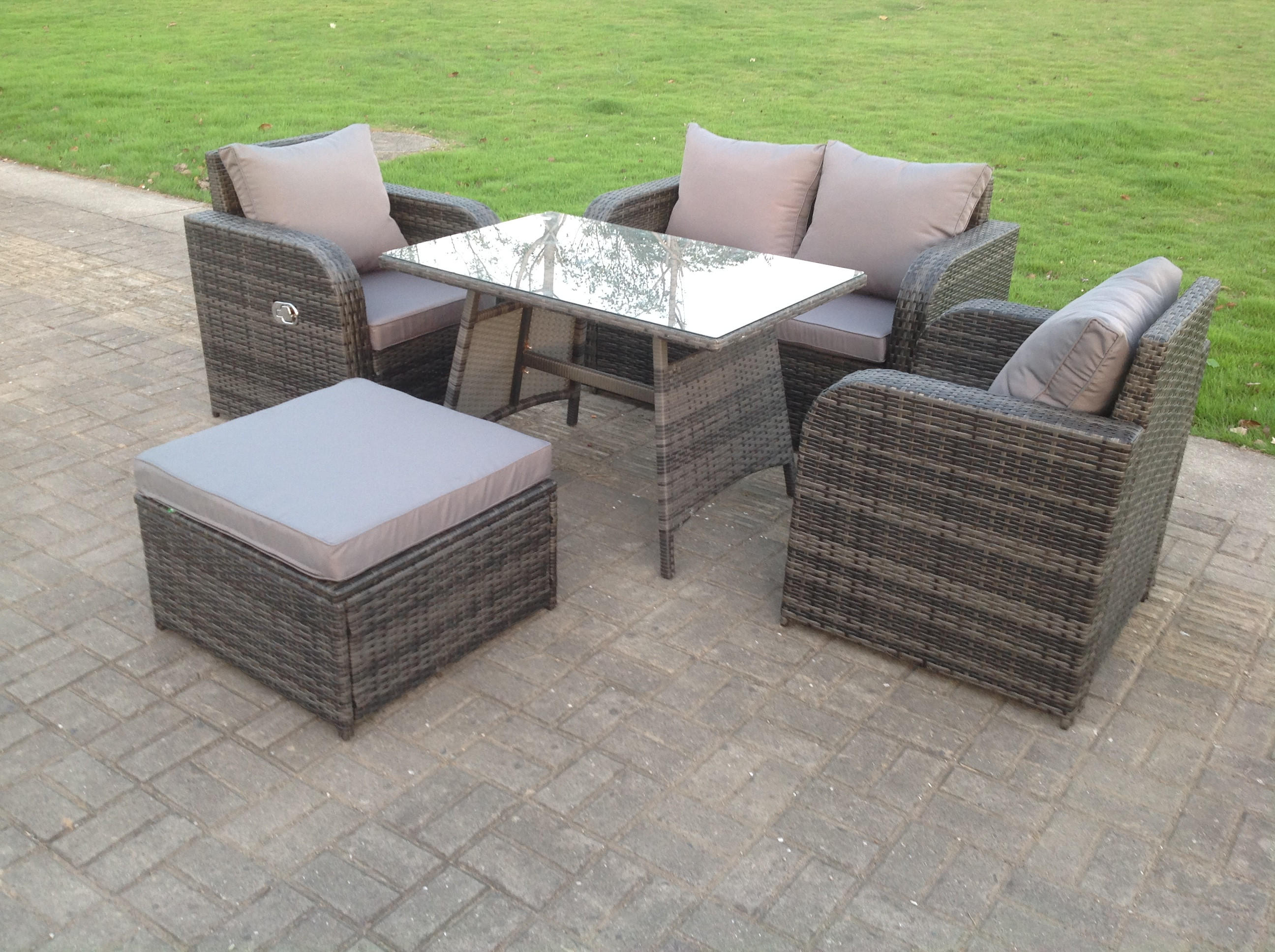 LOUNGESOFA SET mit Hocker Esstisch Polyrattan 5-Sitzer - Dunkelgrau/Grau, Glas/Kunststoff - Fimous