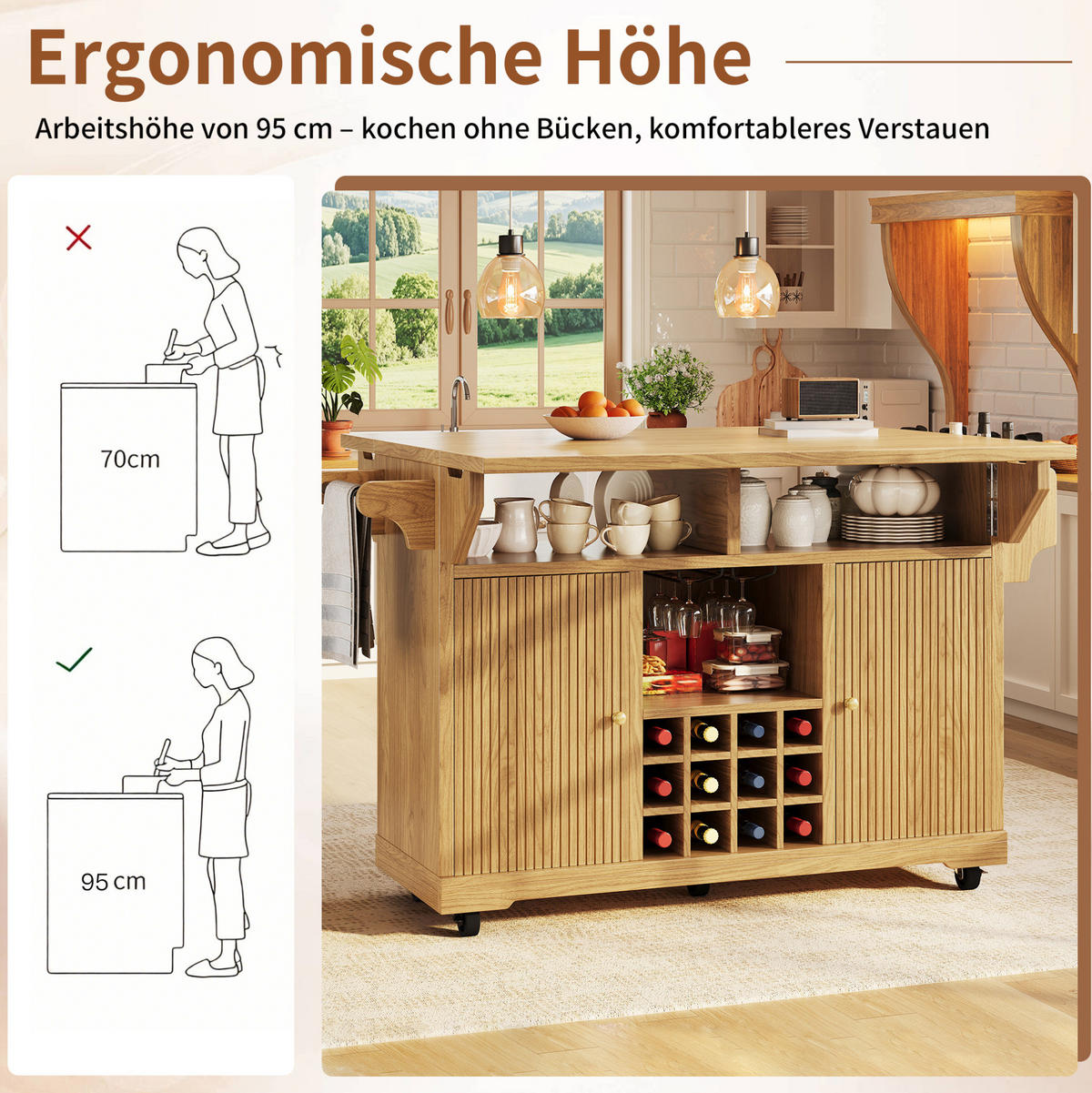 SERVIERWAGEN mit ausklappbaren Tischenden und Stauraum 142,5 cm Natural Wood - Naturfarben, Holz (80/95/142.5cm) - Beauniv