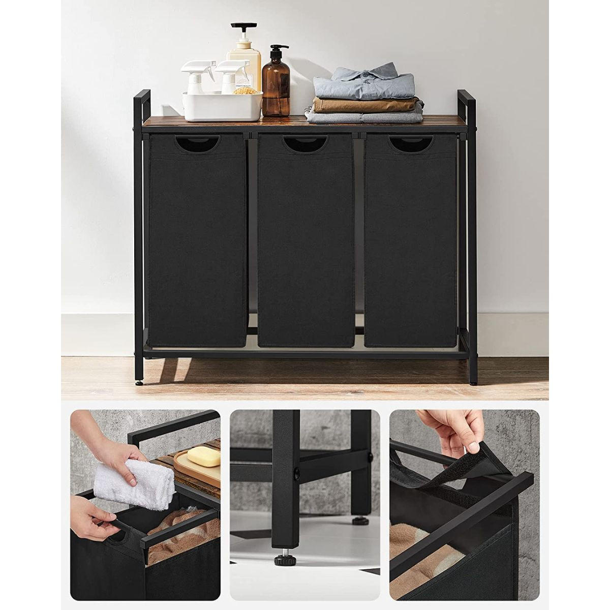 WÄSCHEBEHÄLTER mit 3 Fächern 38L - Schwarz, Holzwerkstoff (33/72/92.5cm) - Calicosy