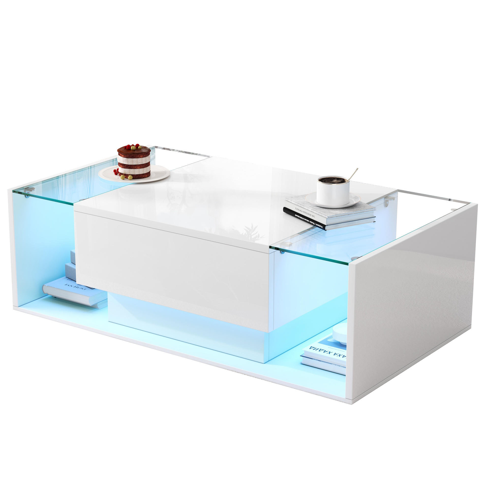 COUCHTISCH aus Spanplatte & Glas 100x50x31 cm in Weiß mit LED & 1 Schublade - Weiß, Holzwerkstoff (100/50/31cm) - Modfu