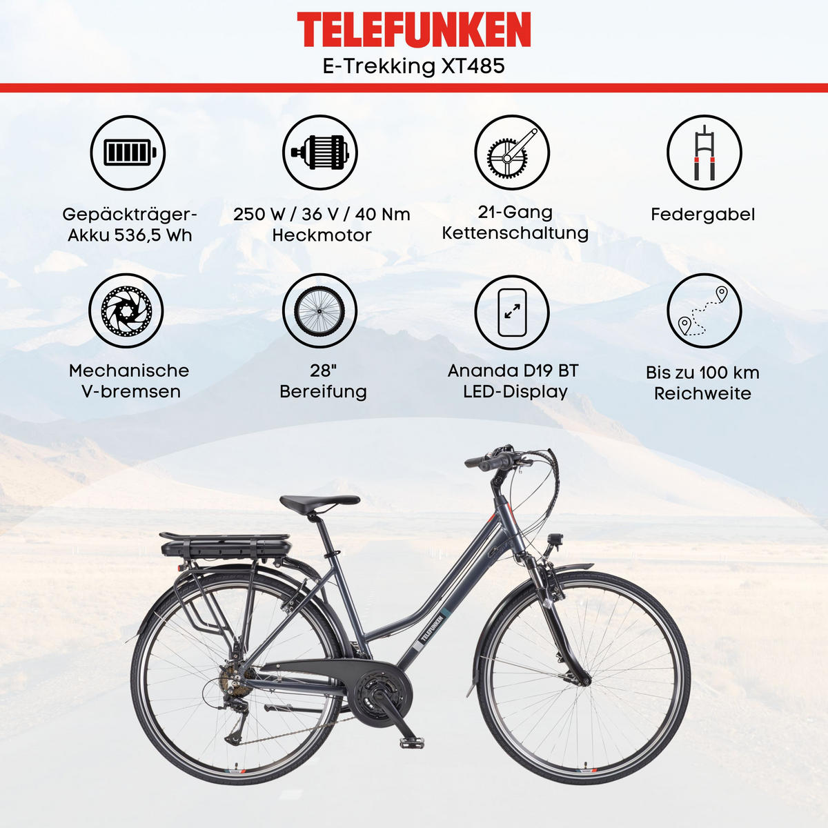 E-BIKE XT485 Trekking Elektrofahrrad 21-Gang Shimano Kettenschaltung, Pedelec, 14,5Ah, 37V Akku - Anthrazit, Metall (112cm) - Telefunken