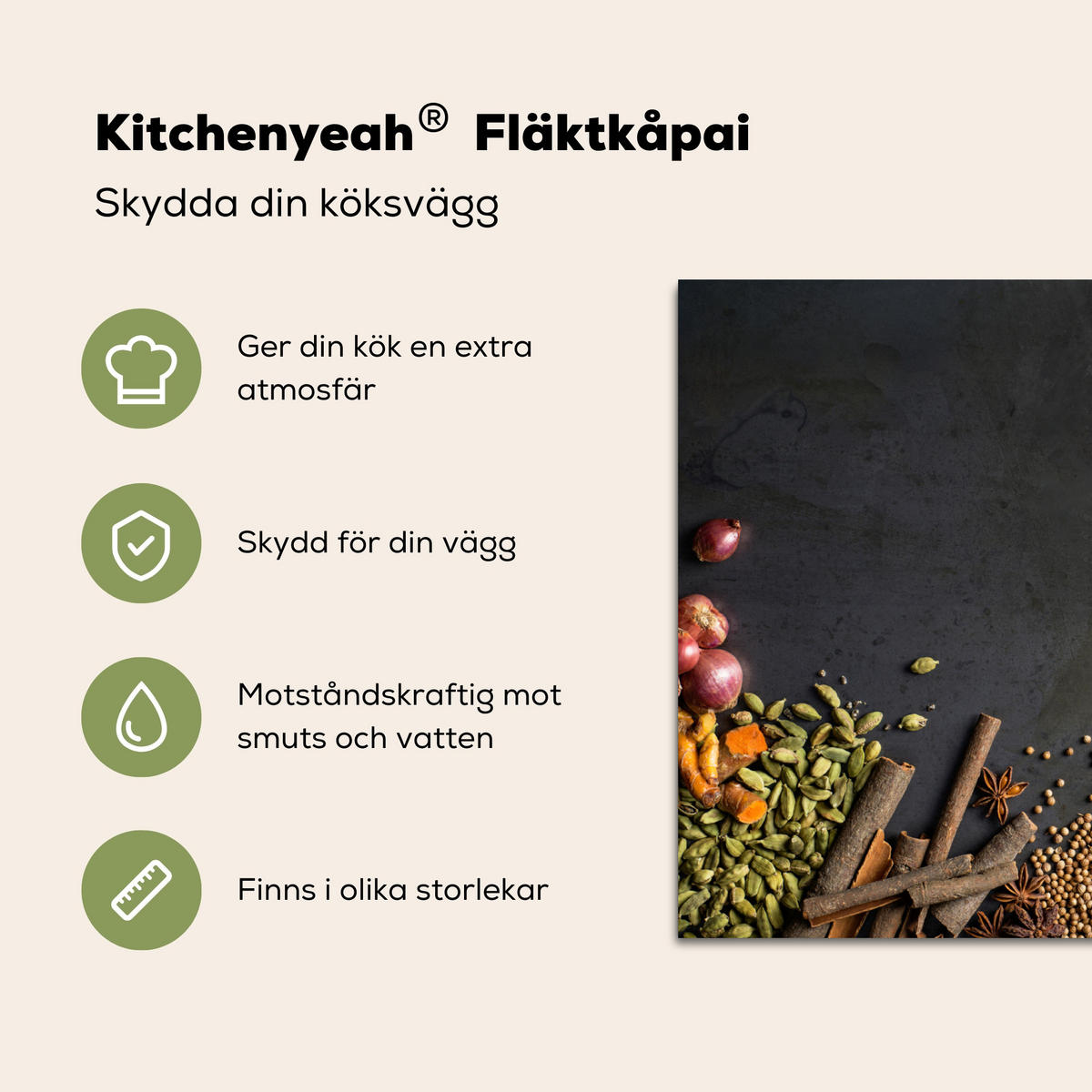 SPRITZSCHUTZ KÜCHE Kräuter - Lebensmittel - Gewürze - Schwarz - Paprika - Zimt 60x40 cm - Currygelb, Metall (60/0.3/40cm) - MuchoWow