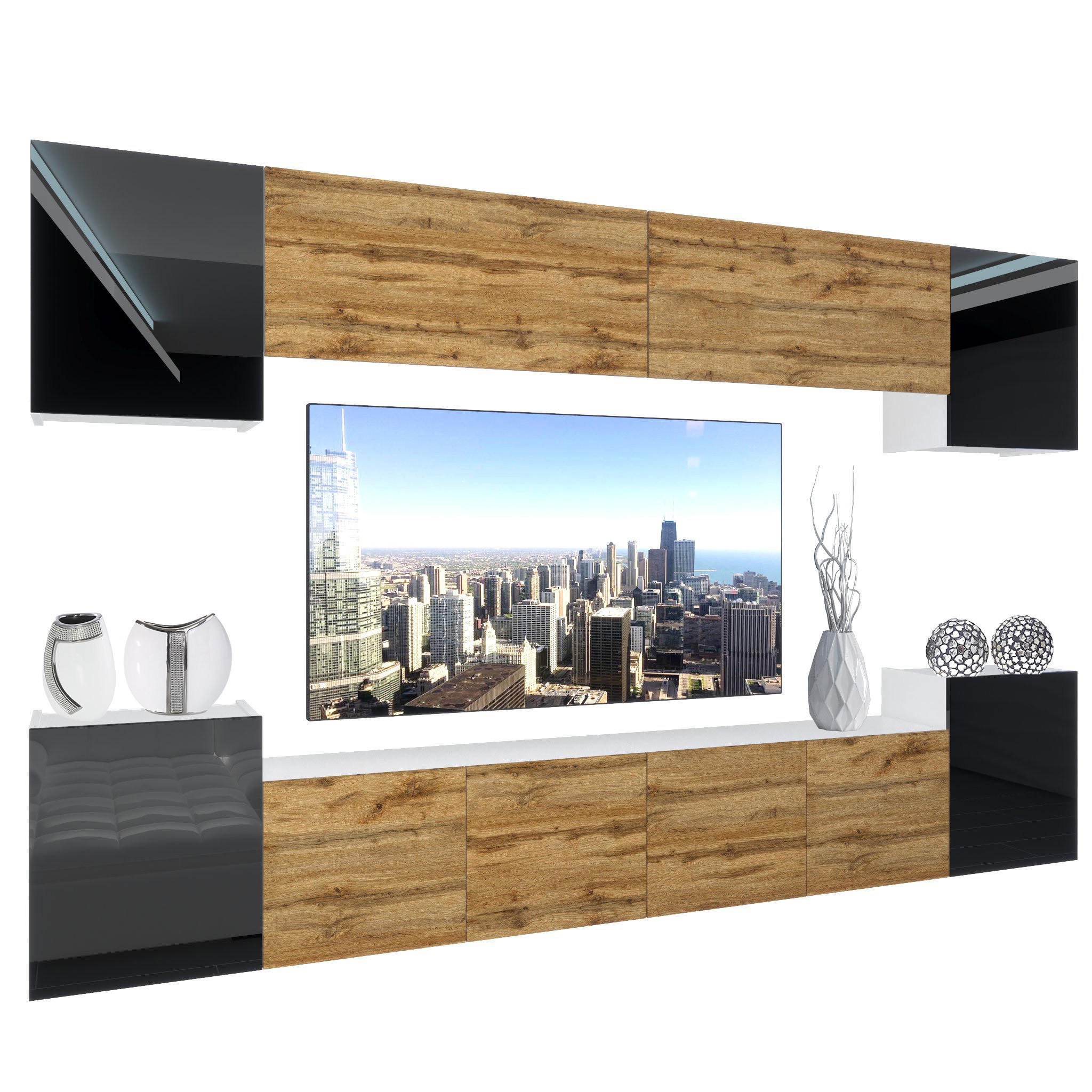 WOHNZIMMERWAND Schrankwand mit LED Schwarz / Wotan Eiche Top - Schwarz/Braun, Holz (300/180/36cm) - B BELINI GROUP