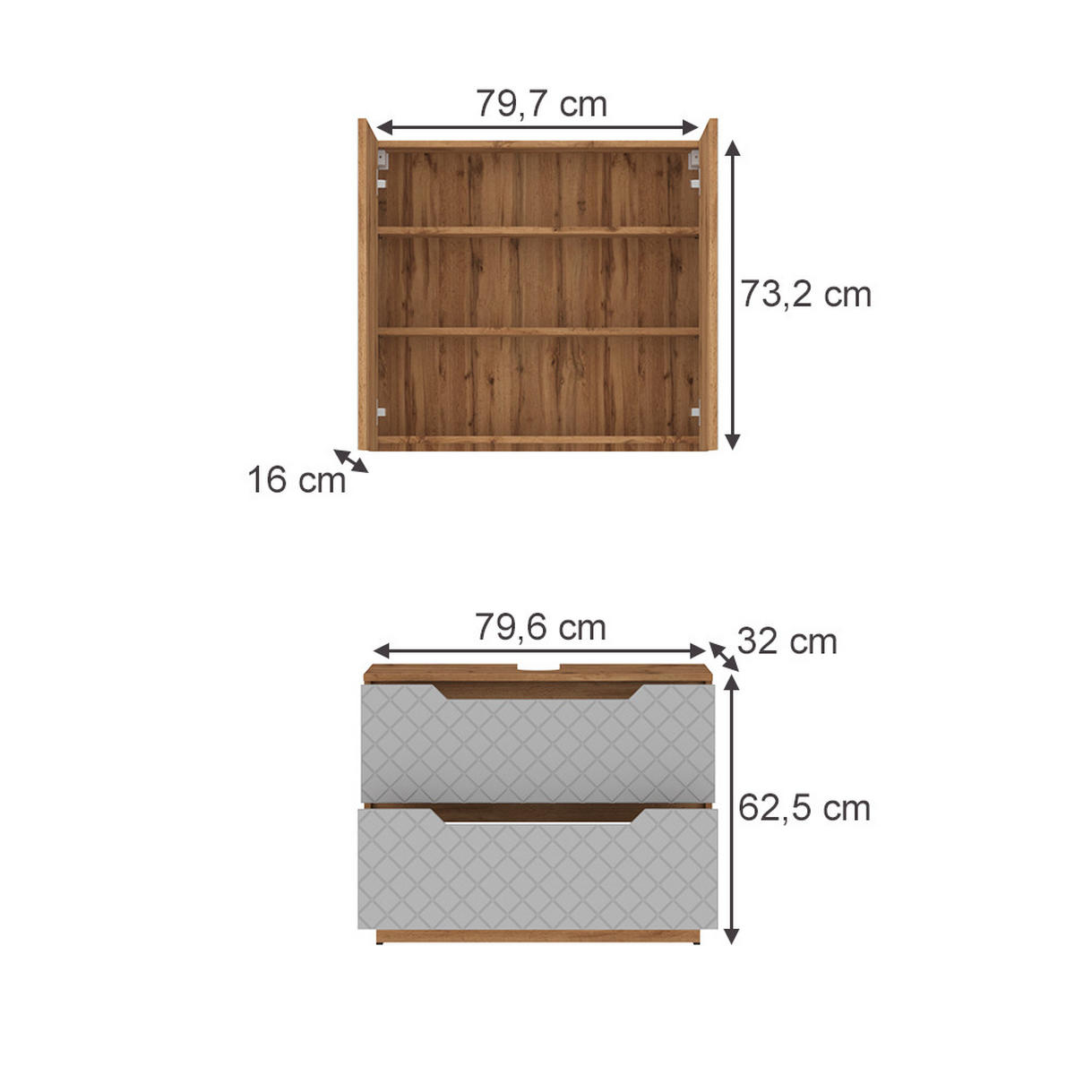 BADMÖBEL-SET Lotta Eiche/Grau mit Kachelstruktur 2 Teile - Grau, Holzwerkstoff (79.6/62.5/32cm) - Vicco