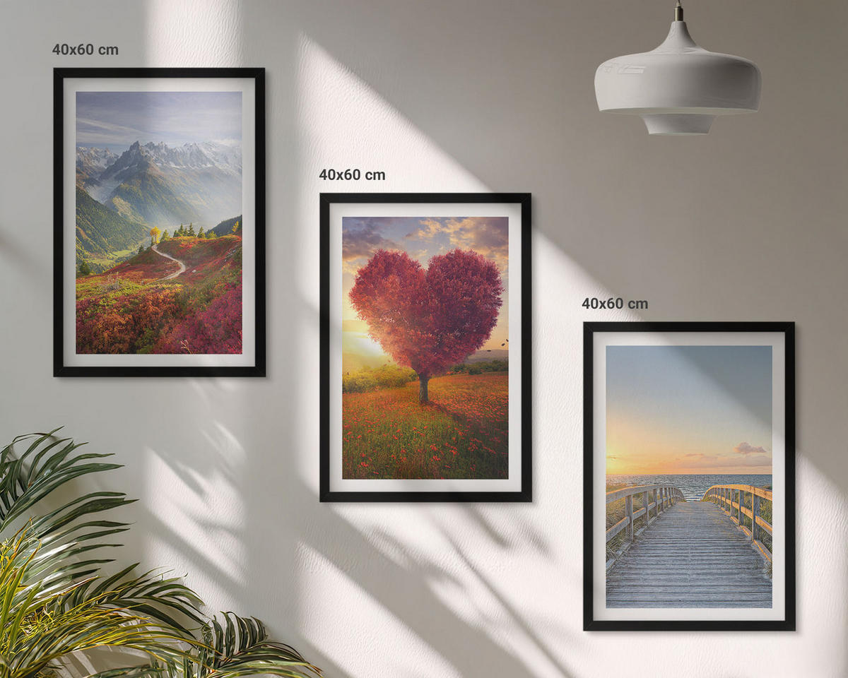 BILDER SET 3er Set - 40x60 cm Schwarzer Rahmen - Landschaften Berge Baum Herz Pier - Schwarz, Kunststoff (40/60cm) - TULUP