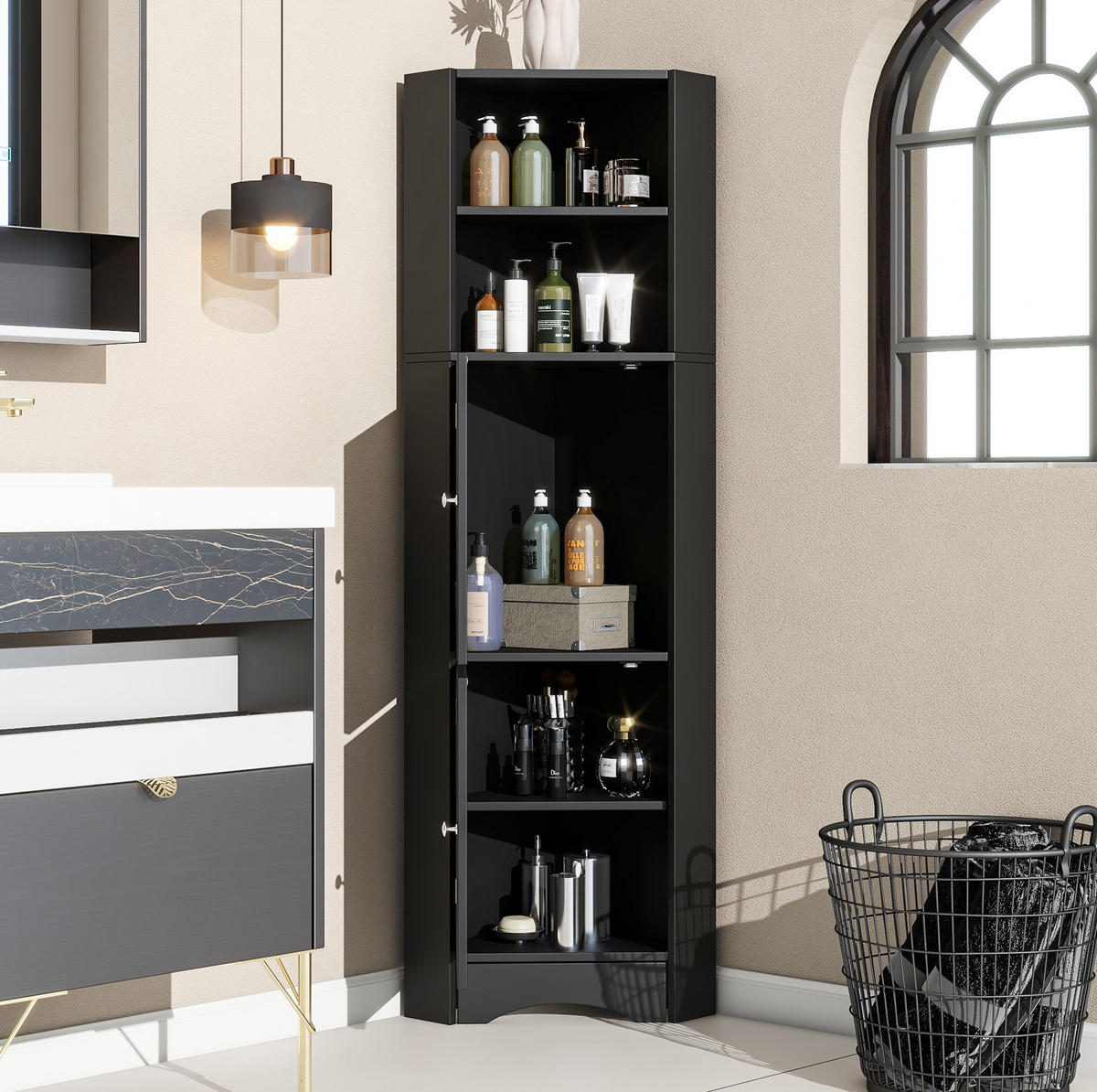 BADSCHRANK Eckschrank mit Ablagefächern 36,5 x 36,5 x 155 cm Schwarz - Schwarz, Holzwerkstoff (36.5/155/36.5cm) - Beauniv