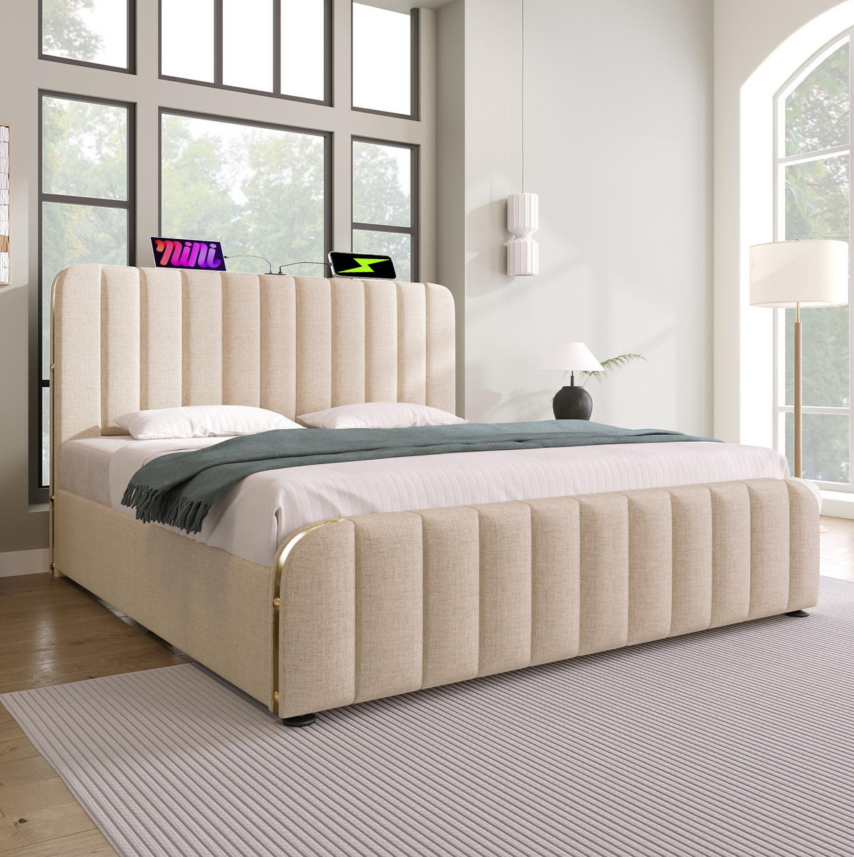 ČALOUNĚNÁ postel 180/200 cm béžová z lnu s USB-C, úložným prostorem a matrací - béžová, textil (180/200cm) - OKWISH