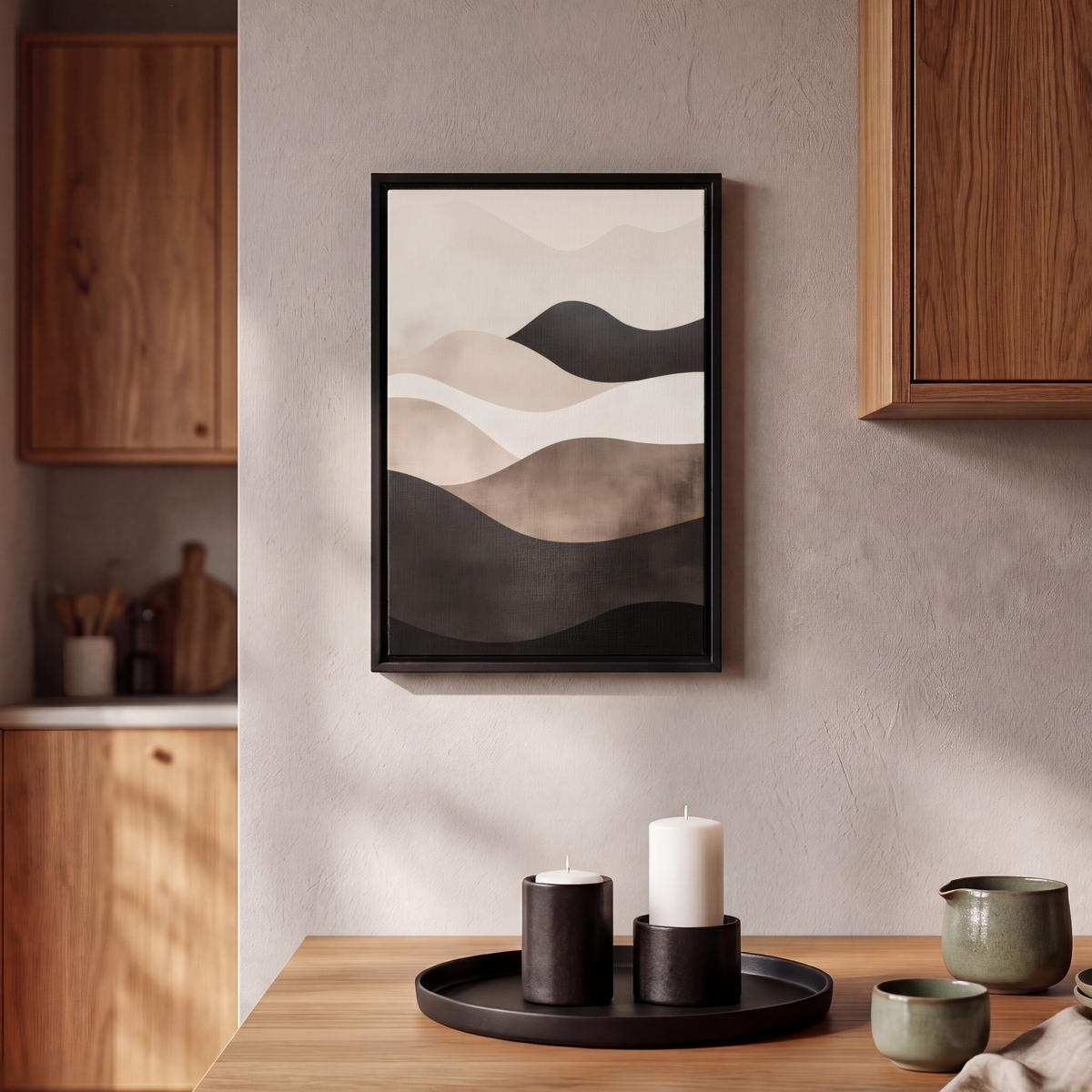 LEINWAND Bilder mit Rahmen - Abstrakt - Landschaft - Wellen - Cremefarben - 20x30 - Cappuccino, Textil (20/30cm) - MuchoWow