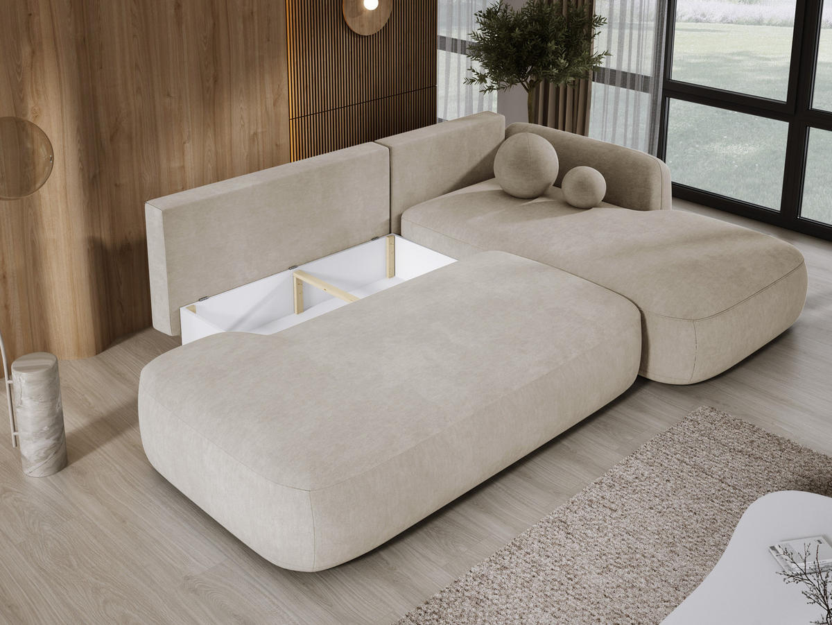 ECKSOFA BABU mit Bettfunktion – Moderne Polsterecke für Wohnzimmer, Funktionales Schlafsofa im Stoff CLOUD, 300x105x60 cm, Rechte, – Beige - Ecru, Holz/Textil (300/190cm) - DomoHome