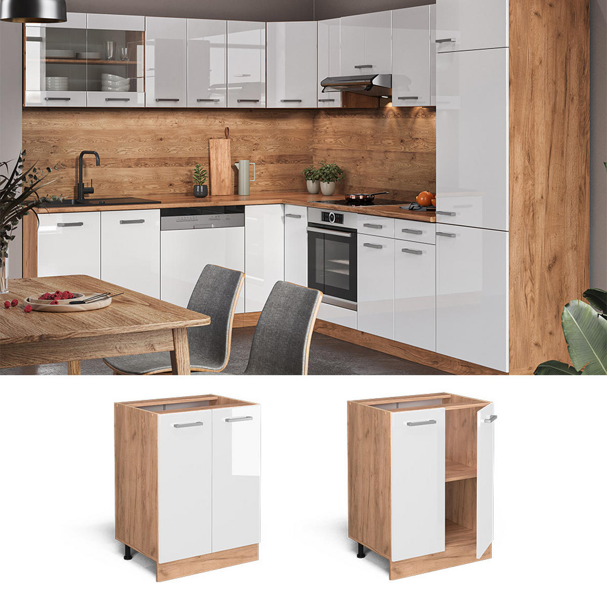 KÜCHENUNTERSCHRANK R-Line Weiß Hochglanz 60 cm AP Marmor - Weiß Hochglanz/Eiche Wotan, Holzwerkstoff (60/81.6/60cm) - Vicco