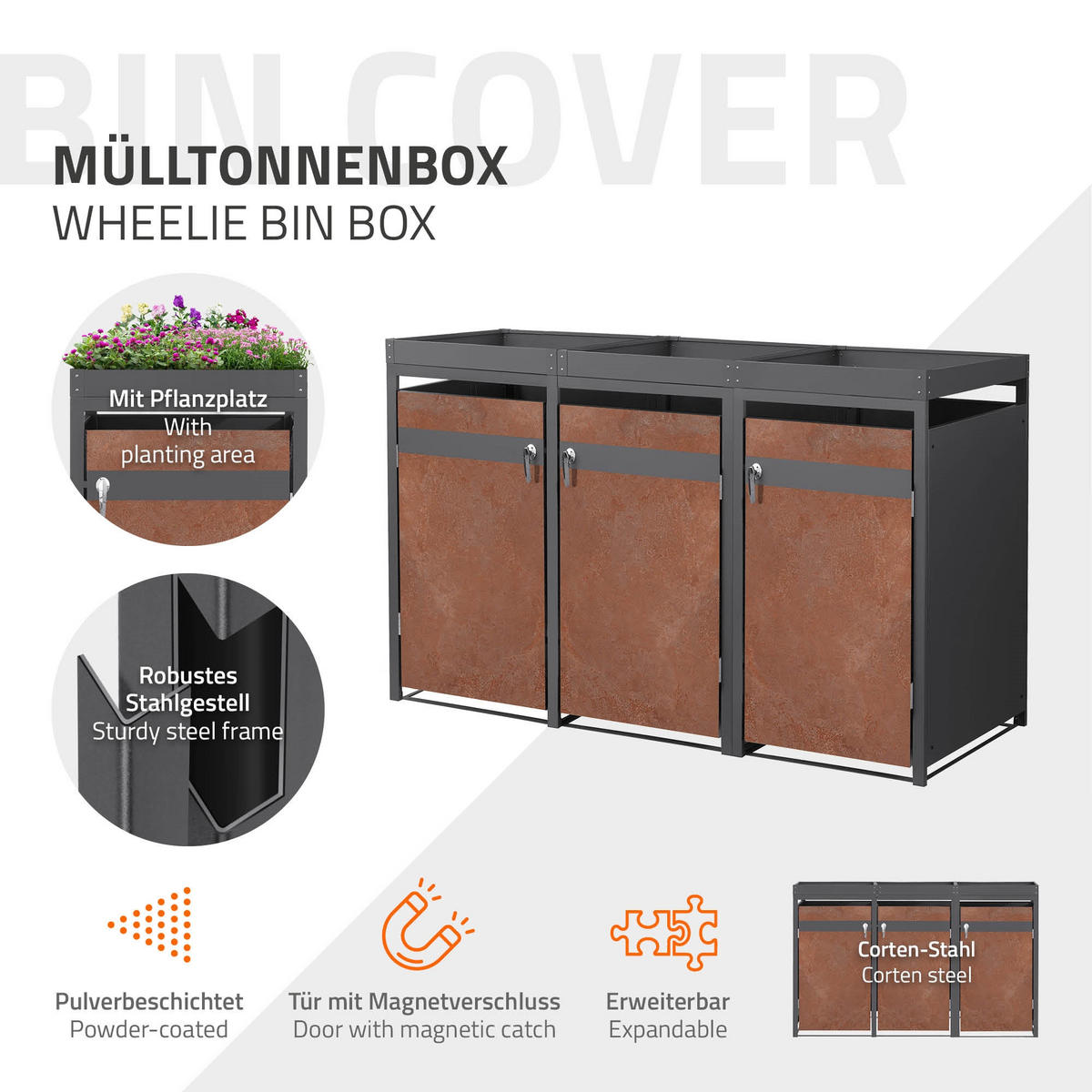 MÜLLTONNENBOX 3er mit Pflanzdach Anthrazit-Rostoptik - Rotbraun, Metall (200/124/80cm) - ML-DESIGN