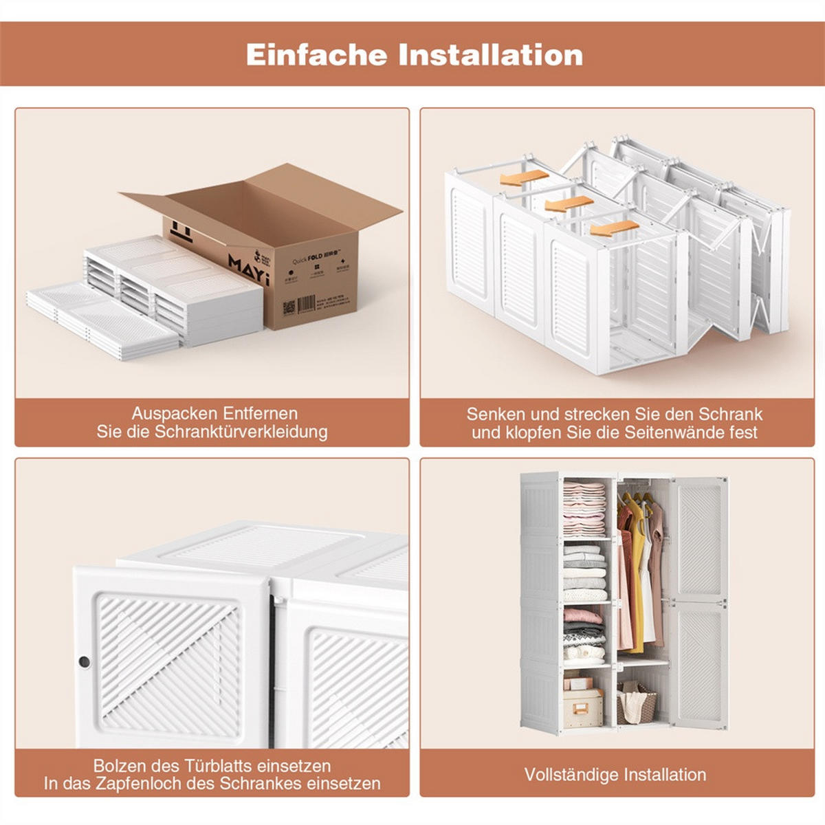 KLEIDERSCHRANK - Faltbarer Kleiderschrank mit Türen - 5 Fächer und 1 Kleiderstange - Montagefrei - Weiß - Weiß, Kunststoff (50/136/69cm) - DELFA