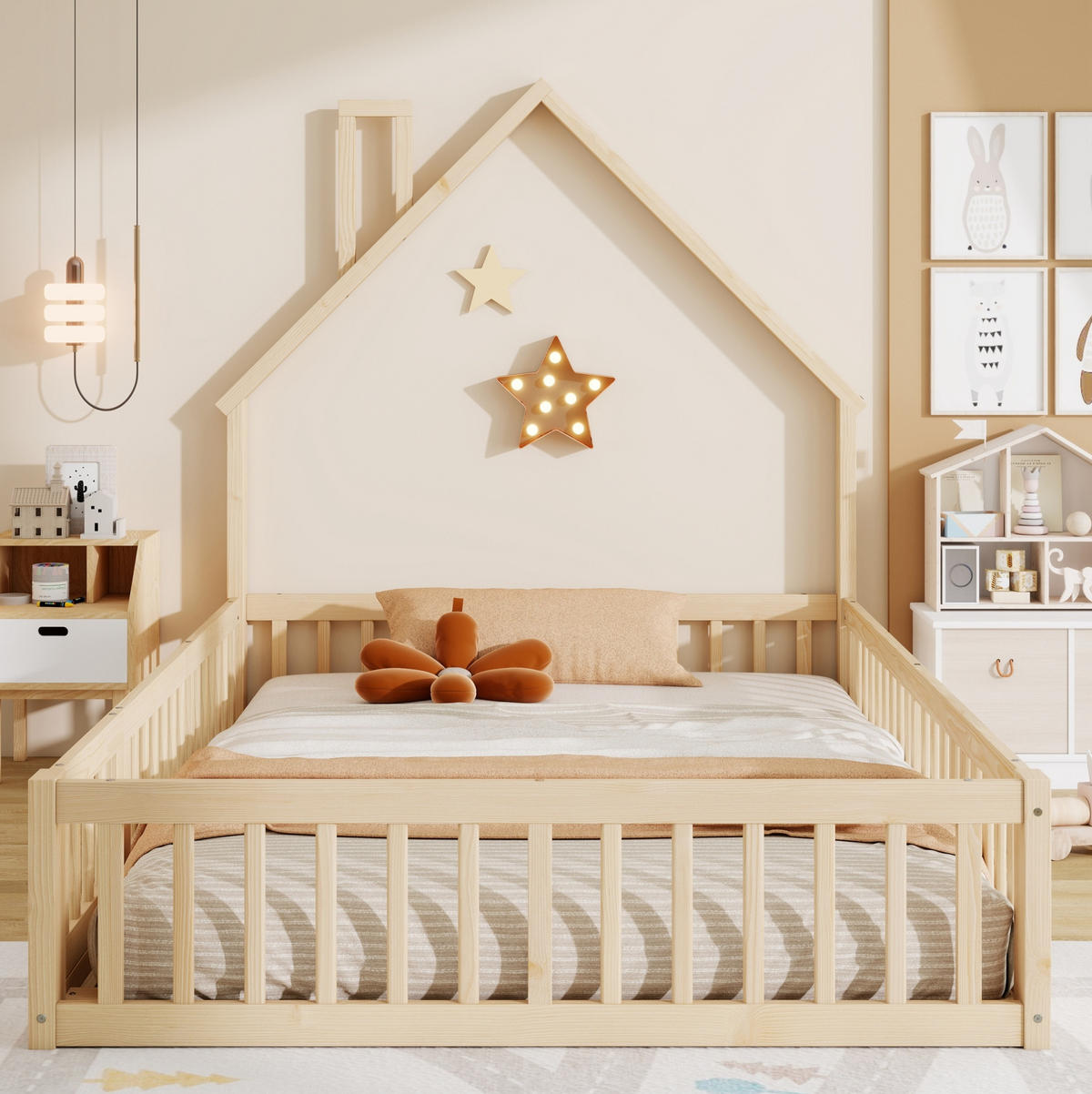HAUSBETT 140/190 cm aus Kiefernholz – mit Schornsteinform und Sicherheitsgitter - Naturfarben, Holzwerkstoff (140/190cm) - BEAOK